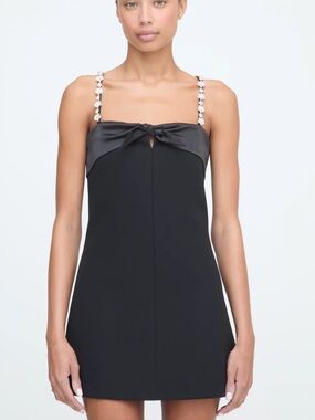 Hill House Black Mini Dress with Pearl-Strap Detail